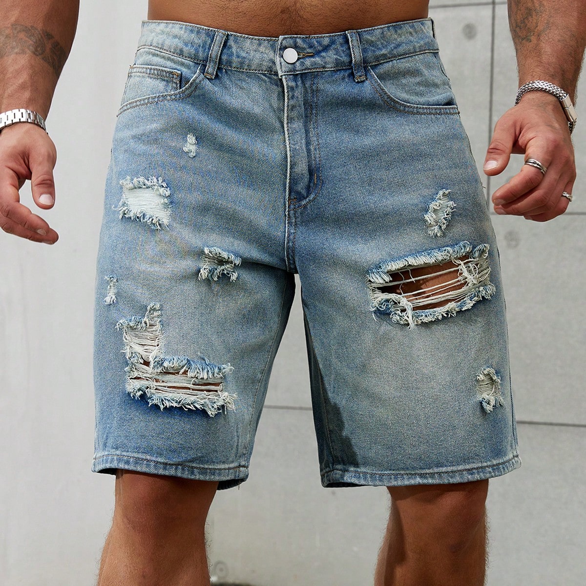 Streetwear Brand Marketing - Jeans curto de algodão rasgado masculino,